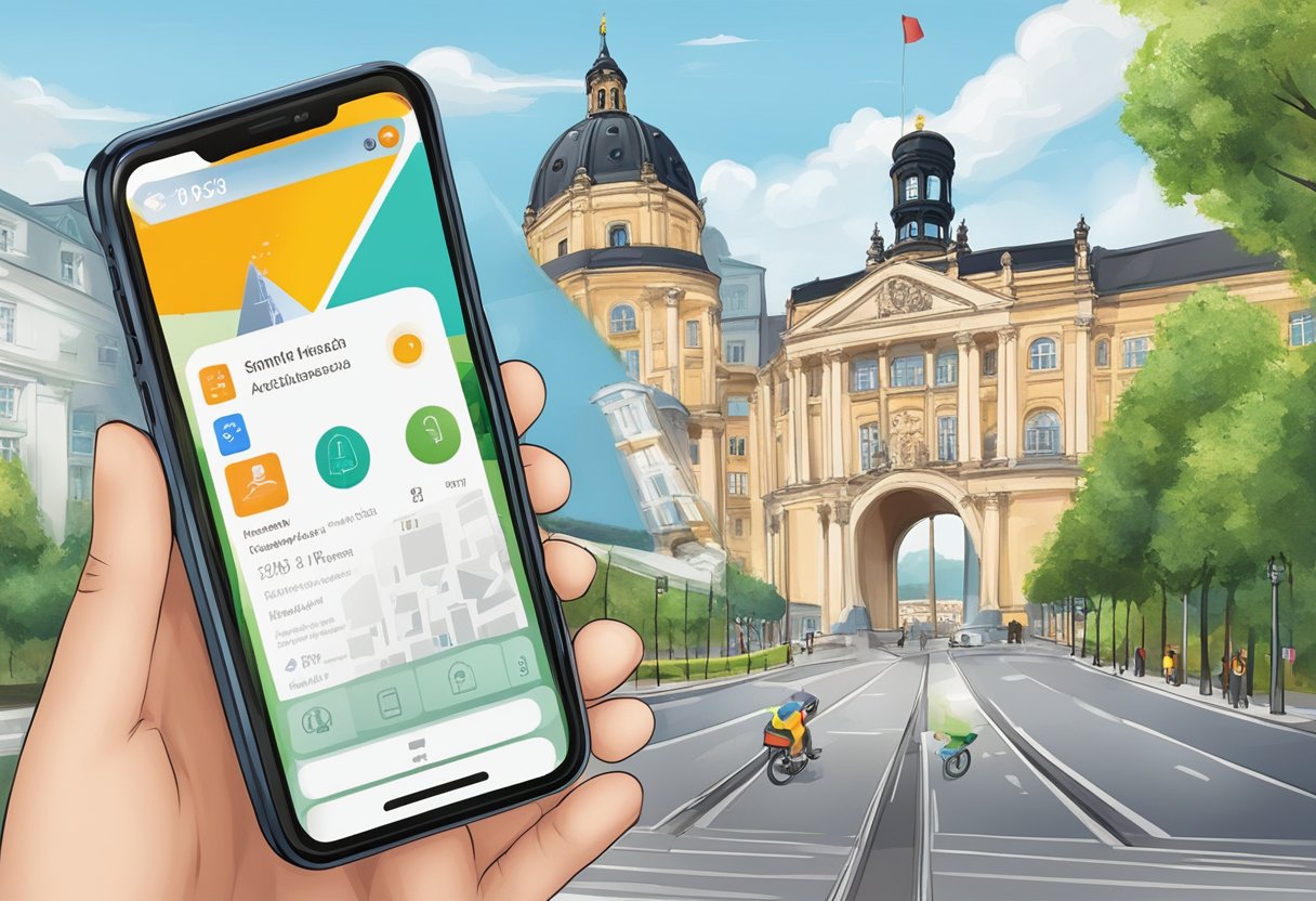 A traveler's smartphone displaying eSIM activation while in front of iconic German landmarks