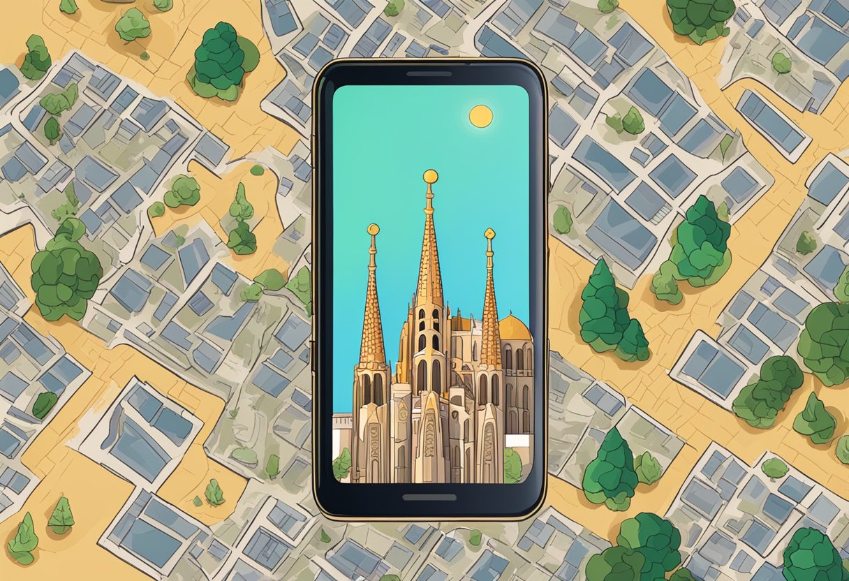 A smartphone with a Spain eSIM card surrounded by iconic Spanish landmarks like the Sagrada Familia and the Alhambra