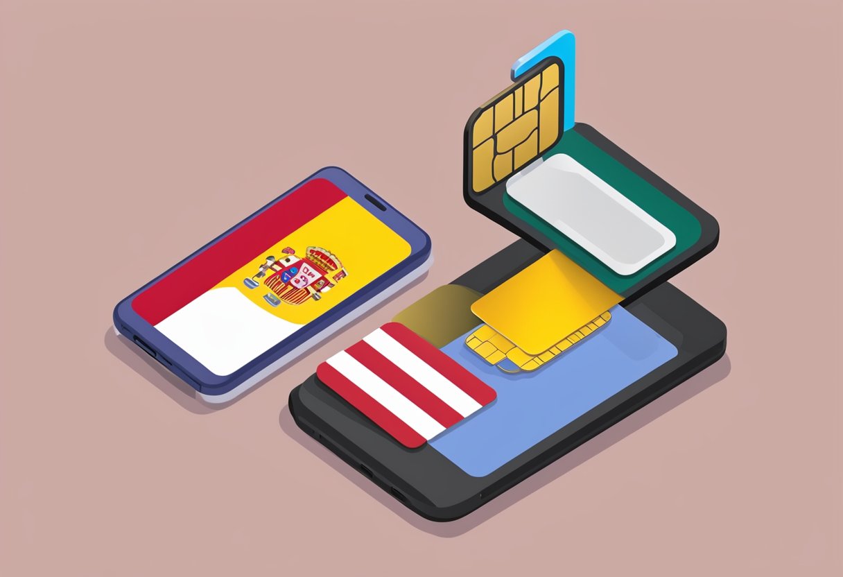 A smartphone with a Spanish flag background and a SIM card being replaced with an eSIM card