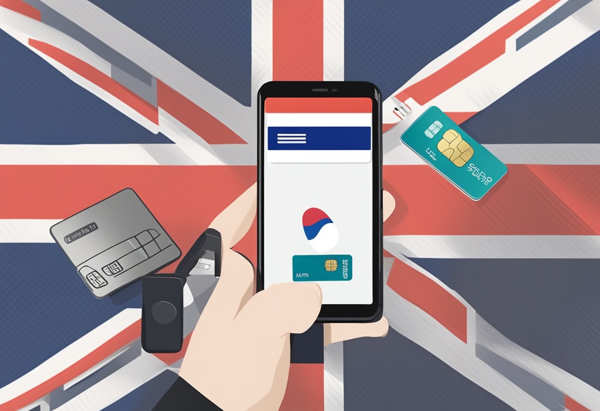 A traveler inserting a tiny eSIM card into a smartphone while standing in front of a British flag