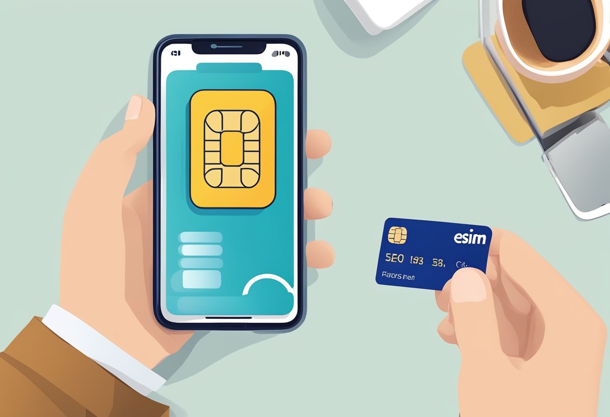 A traveler inserting a UK eSIM card into a smartphone for short-term use