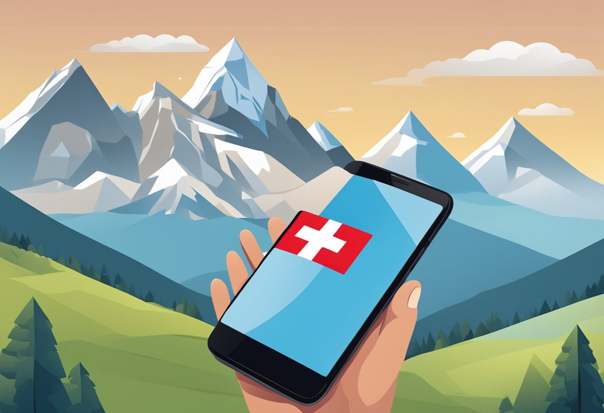 A Swiss flag flying over a mountainous landscape with a smartphone displaying eSIM and roaming symbols