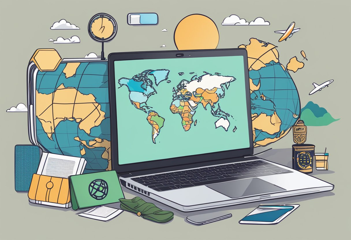 A laptop with a Portugal eSIM sticker, surrounded by travel essentials and a world map