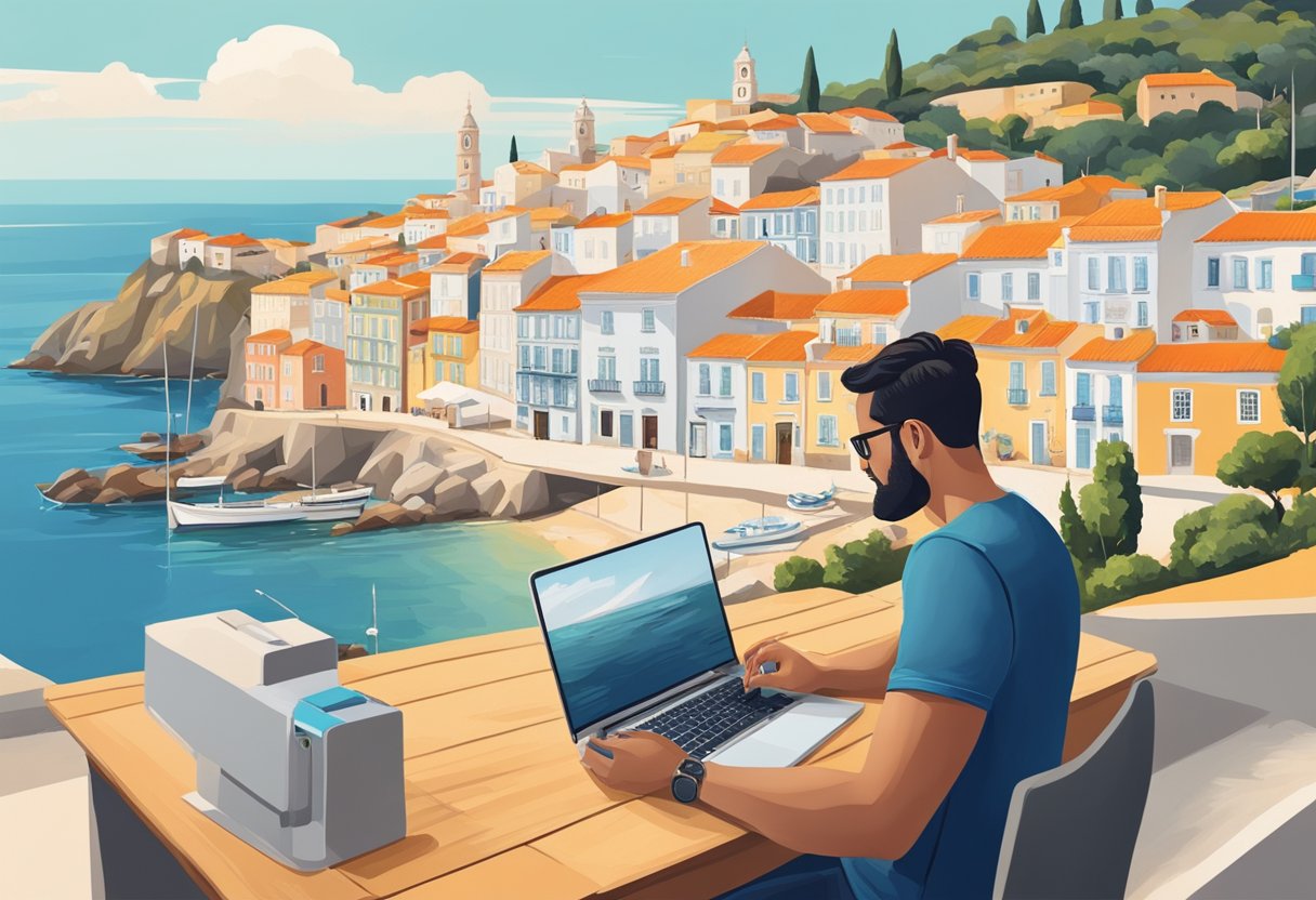 A digital nomad in Portugal uses eSIM technology to seamlessly switch between local mobile networks while working remotely from a picturesque coastal town