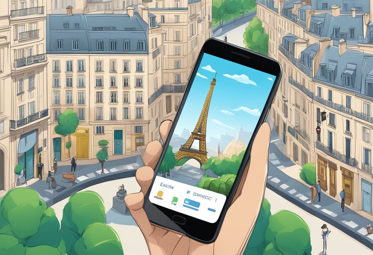 A Parisian cityscape with iconic landmarks and a smartphone displaying an eSIM activation screen