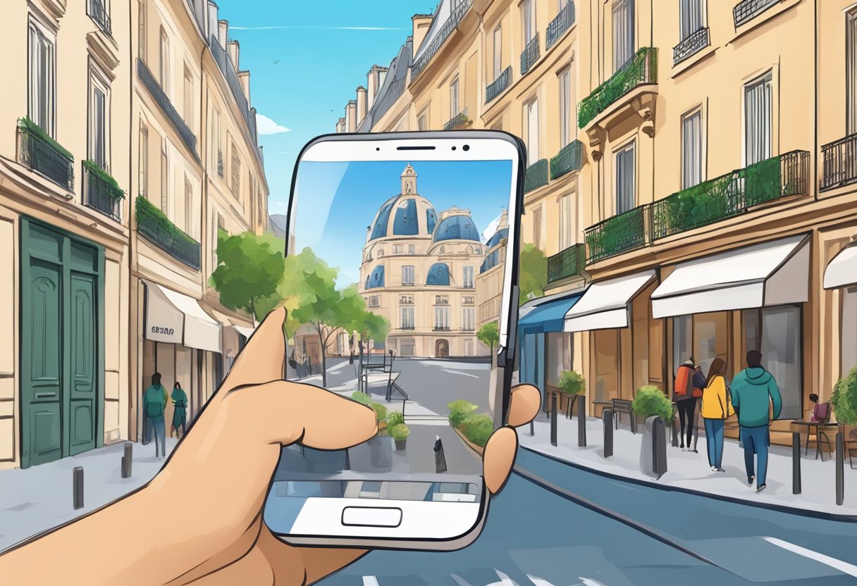 A Parisian street with iconic landmarks and a smartphone displaying eSIM technology for tourists