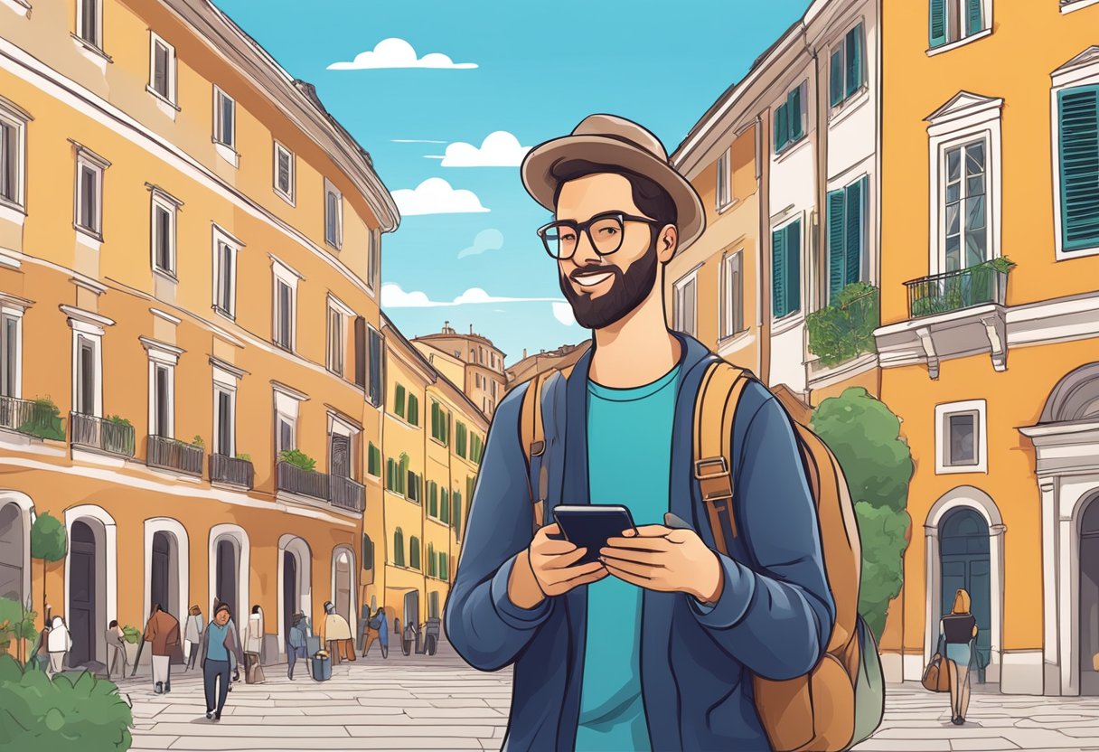 A traveler in Rome holding a smartphone, browsing eSIM plans with famous landmarks in the background