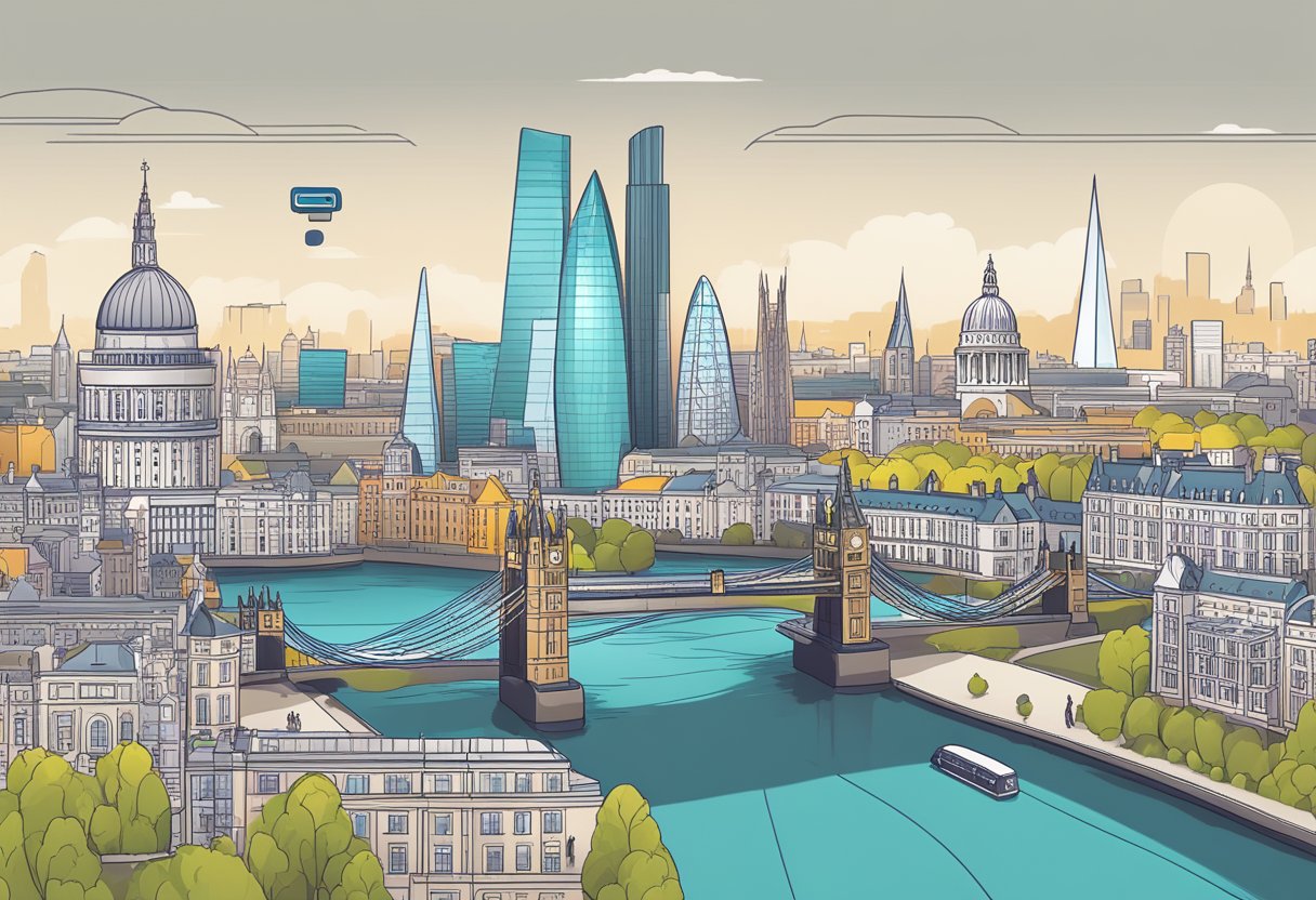 A smartphone displaying the London skyline with a prominent eSIM card and a signal bar indicating unlimited data