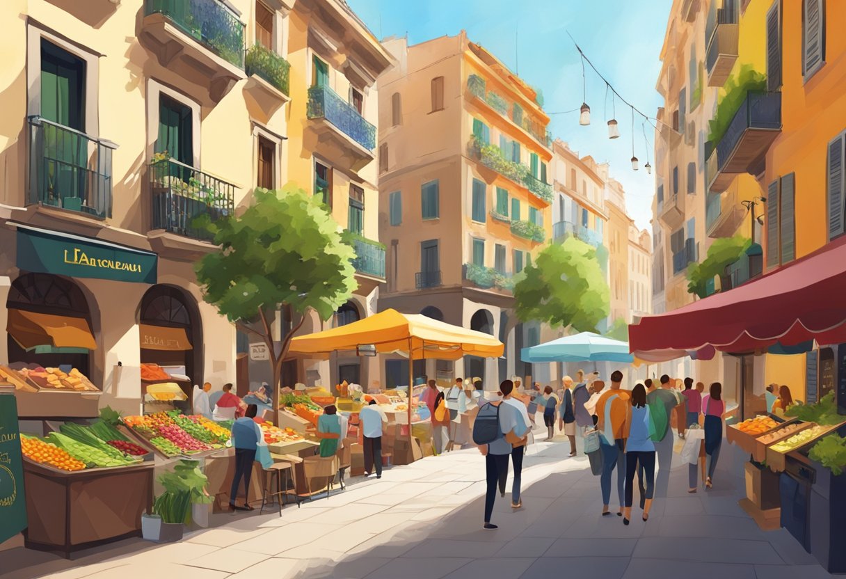 A sunny Barcelona street with colorful buildings and a bustling market