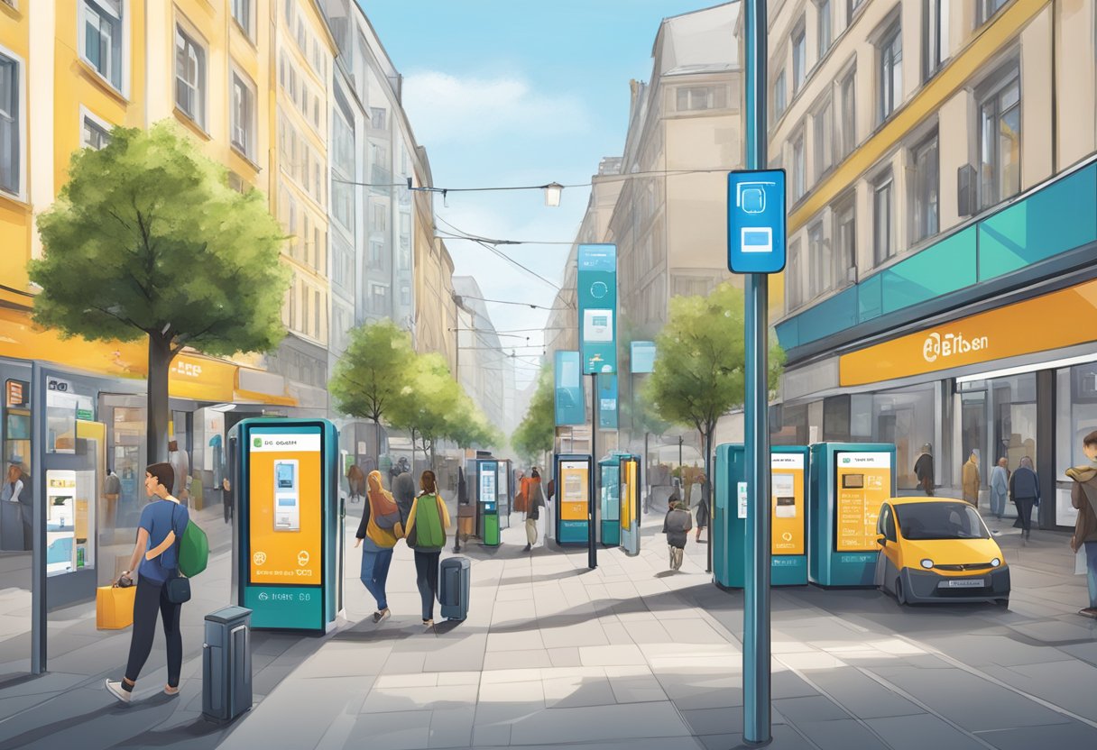 A bustling Berlin street with a prominent eSIM kiosk, displaying signs advertising the cheapest data plans