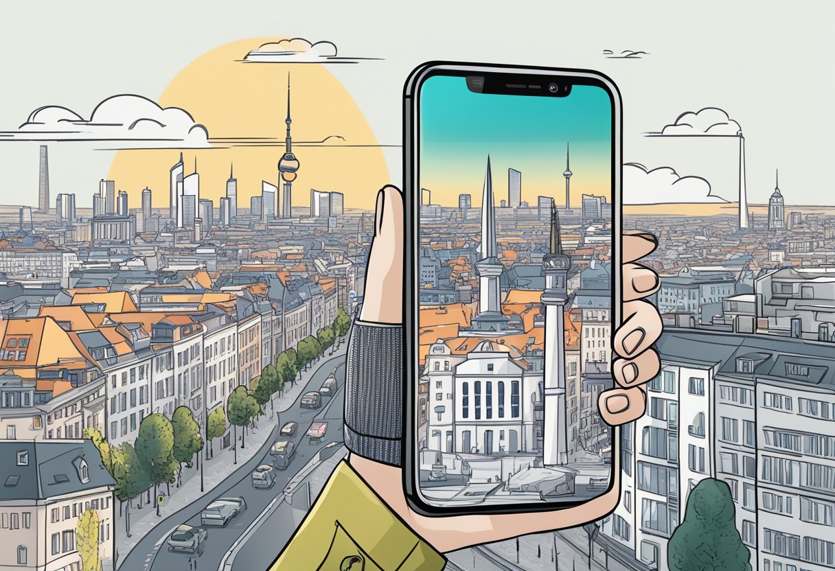 A smartphone with a Berlin cityscape as the background, with a highlighted eSIM card and data plan options displayed on the screen