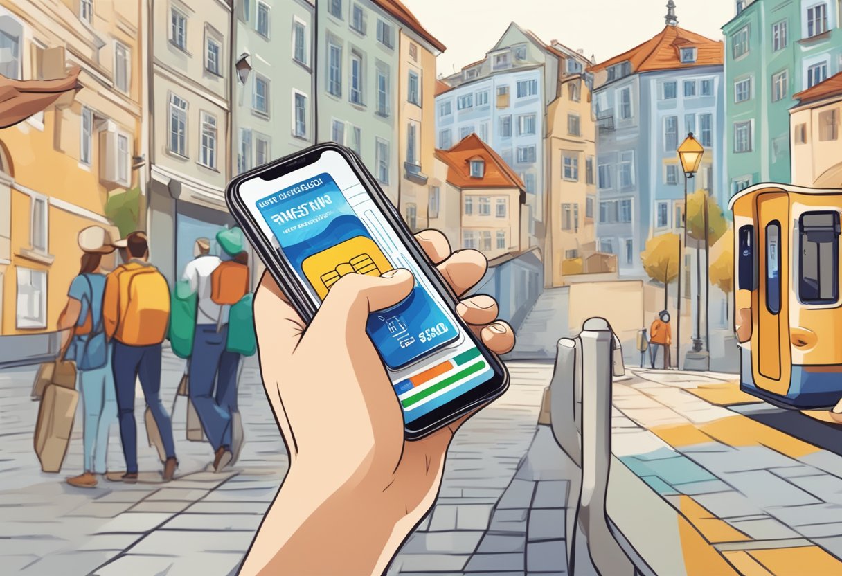 A traveler inserting a Prague eSIM card into a smartphone