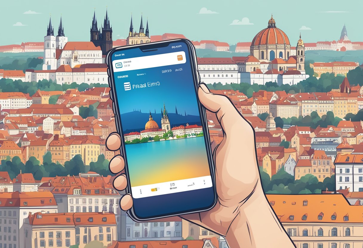 A modern smartphone displaying the Prague skyline with a digital eSIM card icon and a travel app open on the screen