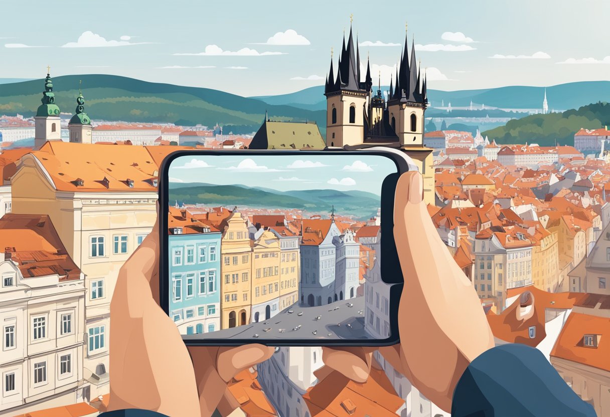 A traveler browsing through a variety of eSIM options on a smartphone with the Prague skyline in the background