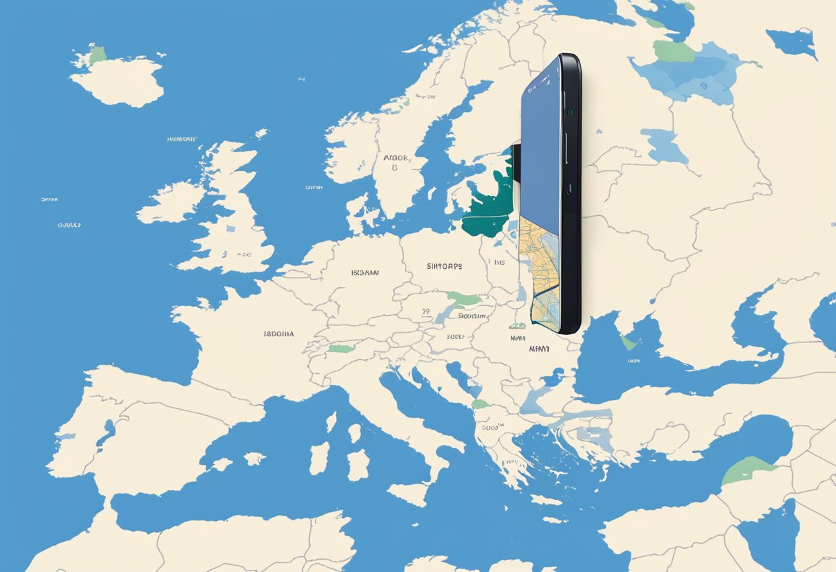 A smartphone with an eSIM and a local SIM card inserted, with a map of Europe displayed on the screen