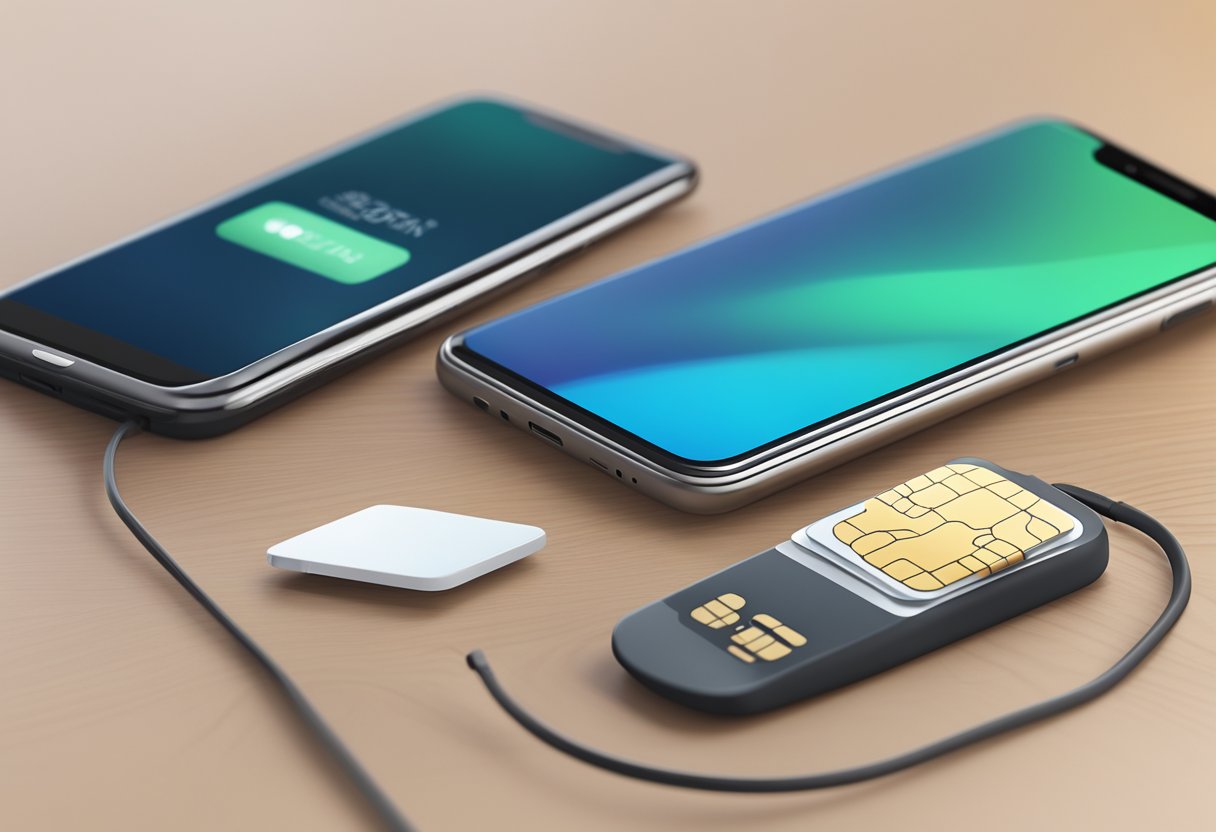 A smartphone with eSIM and airport SIM card side by side on a table
