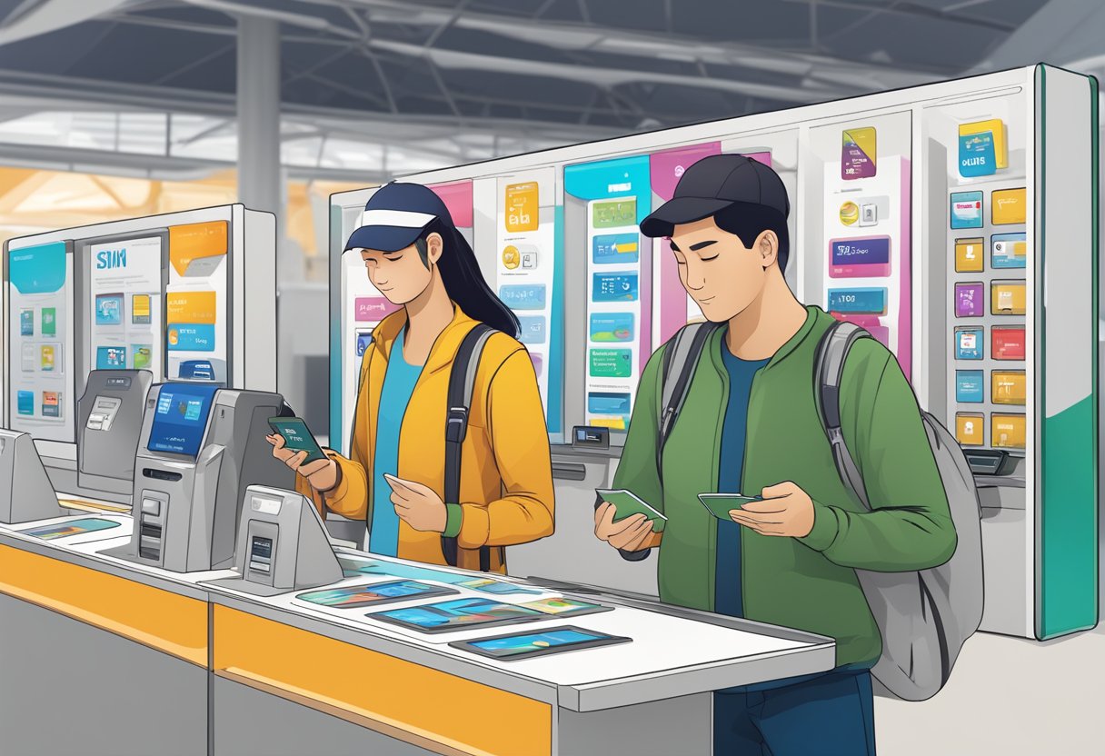 A traveler comparing an eSIM and airport SIM cards at a kiosk with various options displayed