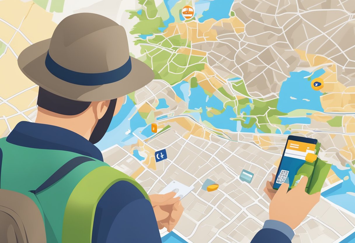 A traveler comparing a traditional prepaid SIM card and an eSIM on a European map