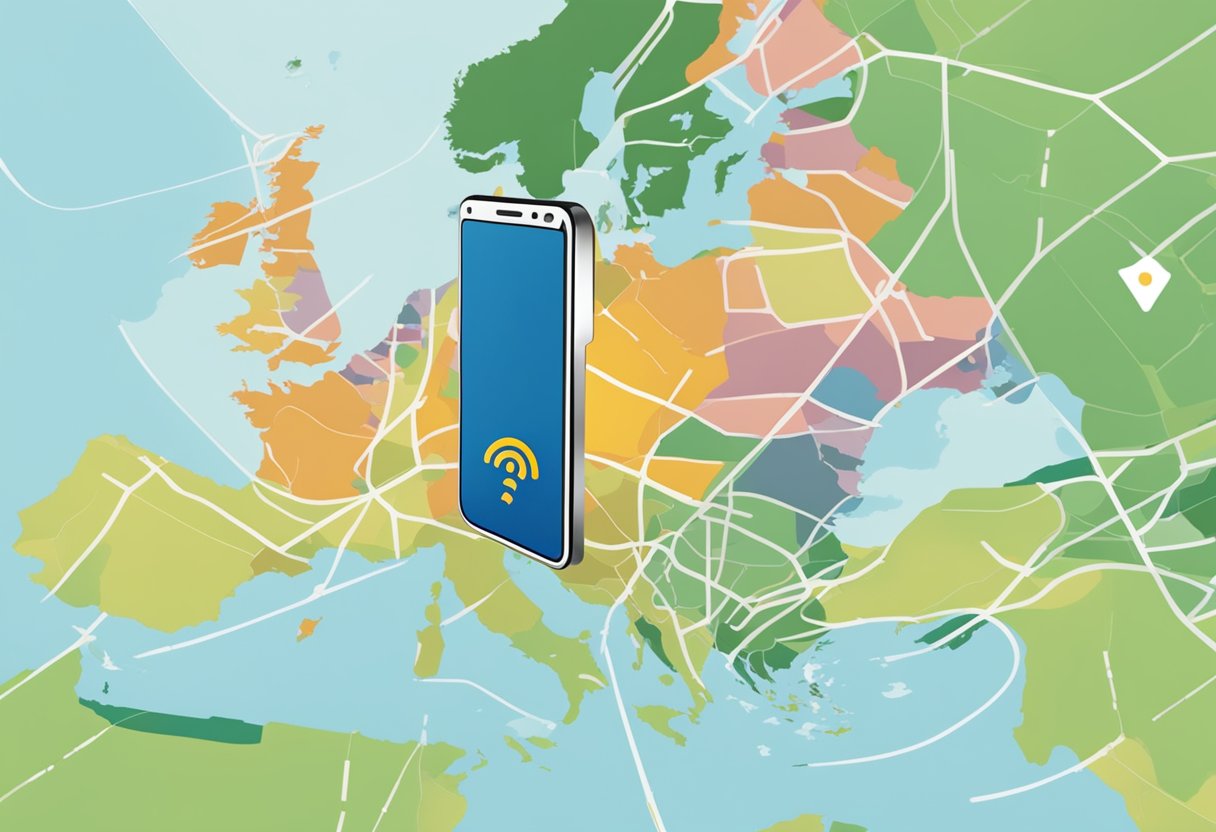 A smartphone with eSIM icon over Europe map, with a crossed-out roaming symbol nearby