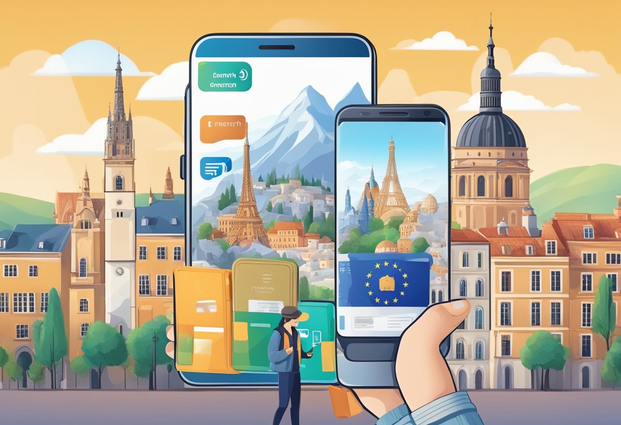 A traveler holding a smartphone with eSIM card and a pocket WiFi device, surrounded by European landmarks and landscapes