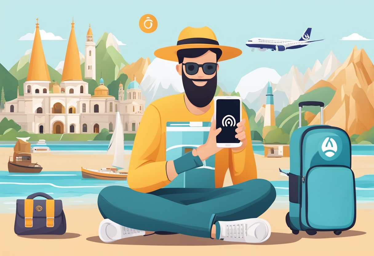A tourist holding a smartphone with a WiFi signal and an eSIM symbol, surrounded by travel essentials