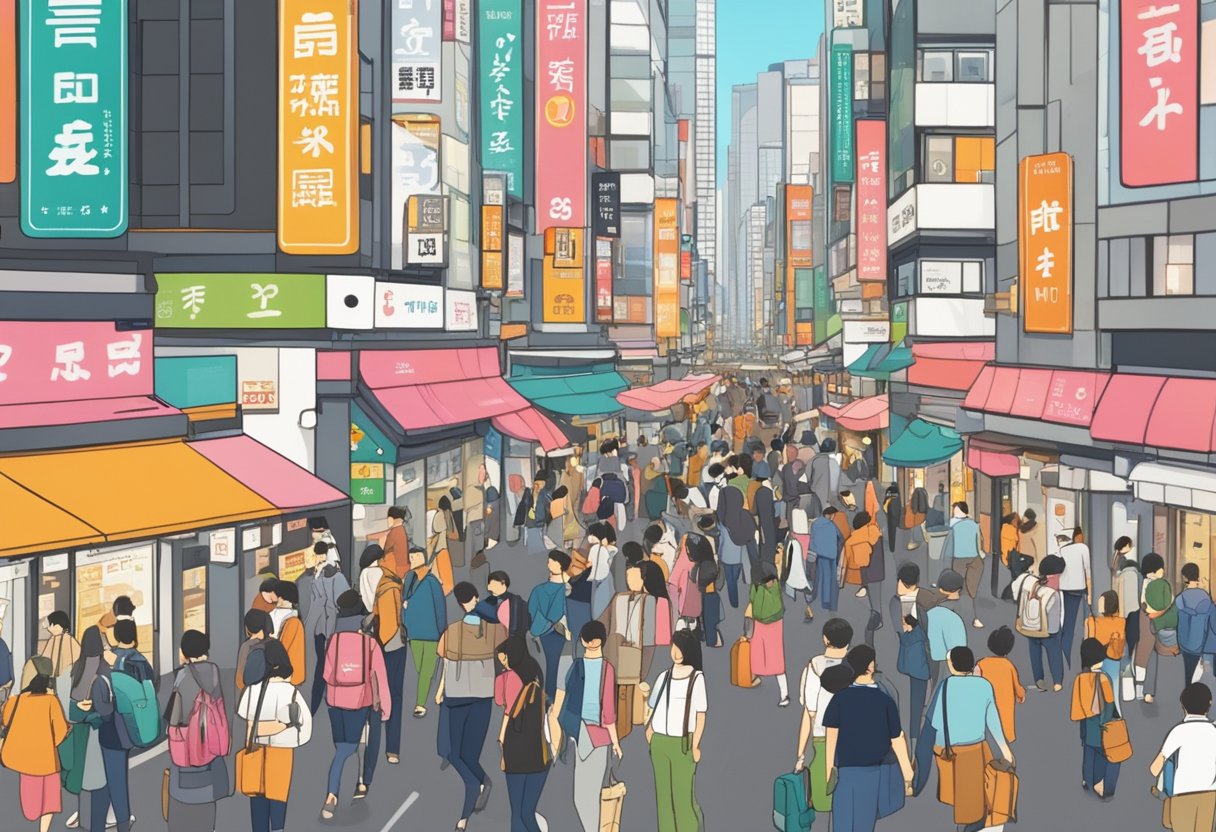 A bustling Tokyo street with tourists comparing their options: free WiFi hotspots versus purchasing eSIM cards for their smartphones