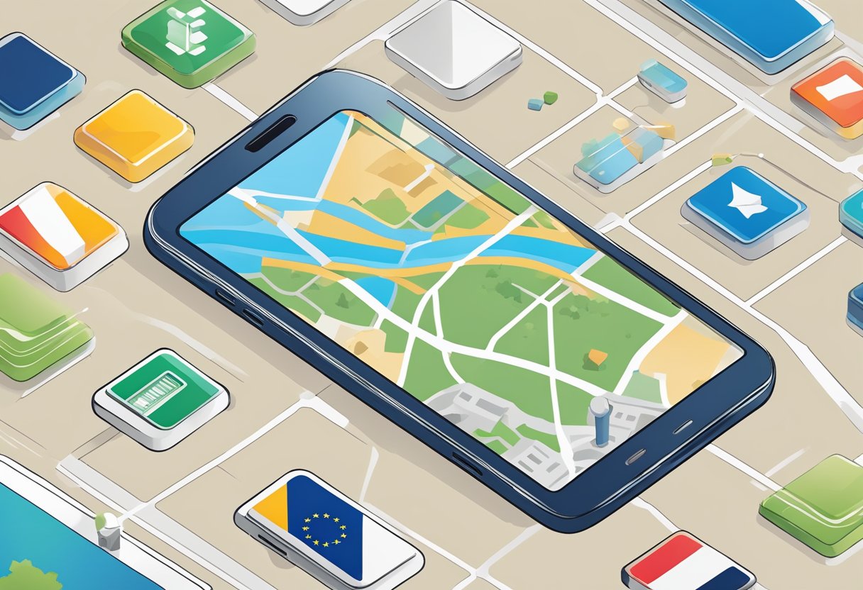 A smartphone with a European map on the screen, surrounded by digital icons representing eSIM purchase options