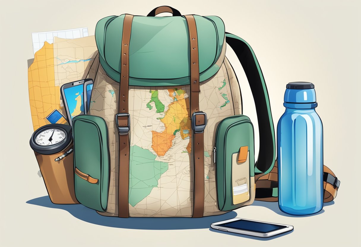 A backpack with a map of Europe and a smartphone with an eSIM card inserted, surrounded by travel essentials like a water bottle and sunglasses