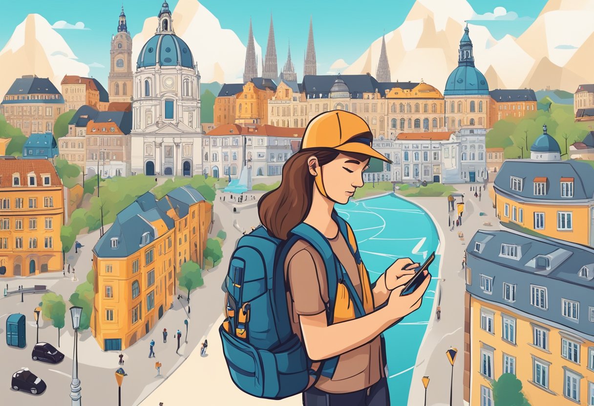 A backpacker in Europe swaps out physical SIM cards for an eSIM on their smartphone, surrounded by iconic European landmarks and transportation options