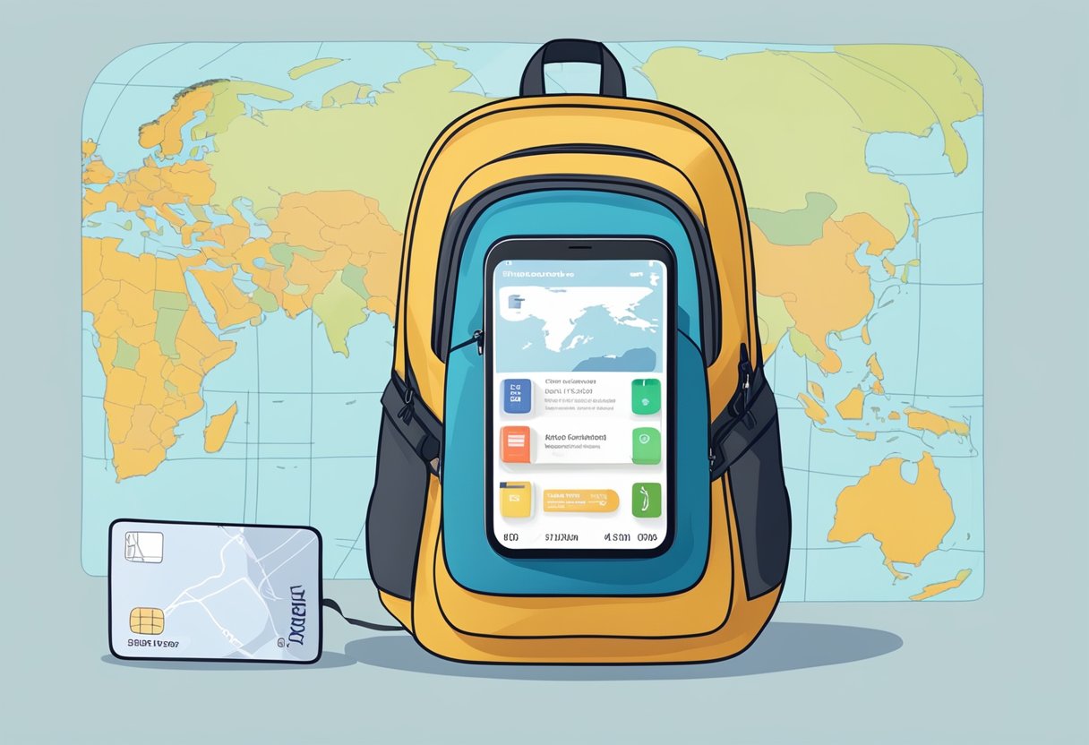 A traveler's backpack with a smartphone displaying a map of Europe and a small eSIM card