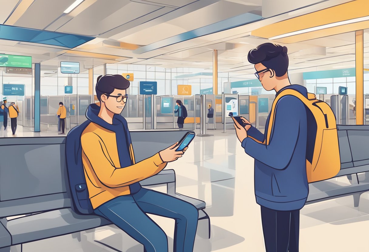 A person scanning a QR code on their phone to activate an eSIM while sitting in an airport terminal