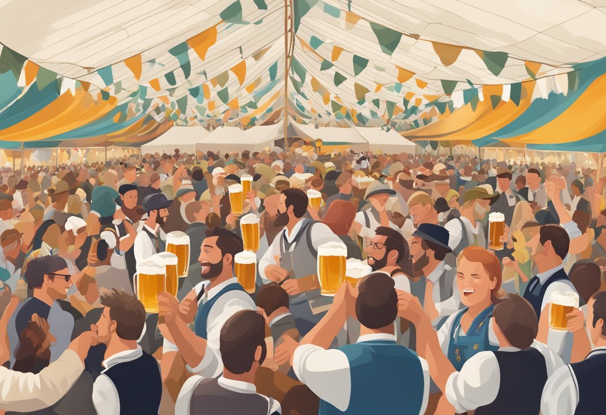 A crowded beer tent at Oktoberfest, with people raising steins and enjoying traditional German music and dancing