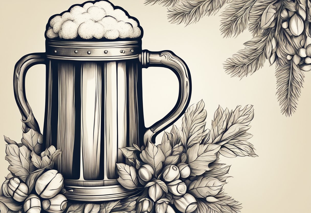 A festive beer stein surrounded by traditional German Oktoberfest decorations