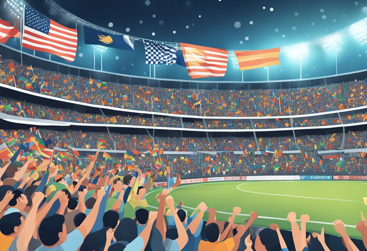 A crowded stadium with fans holding up flags and cheering