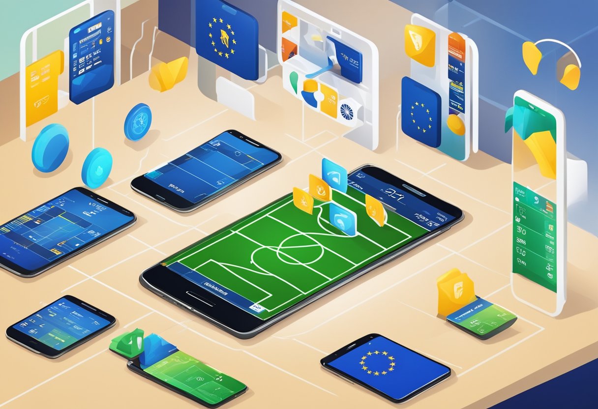 A smartphone displaying a live Euro Cup 2025 match, surrounded by various mobile data plans and packages