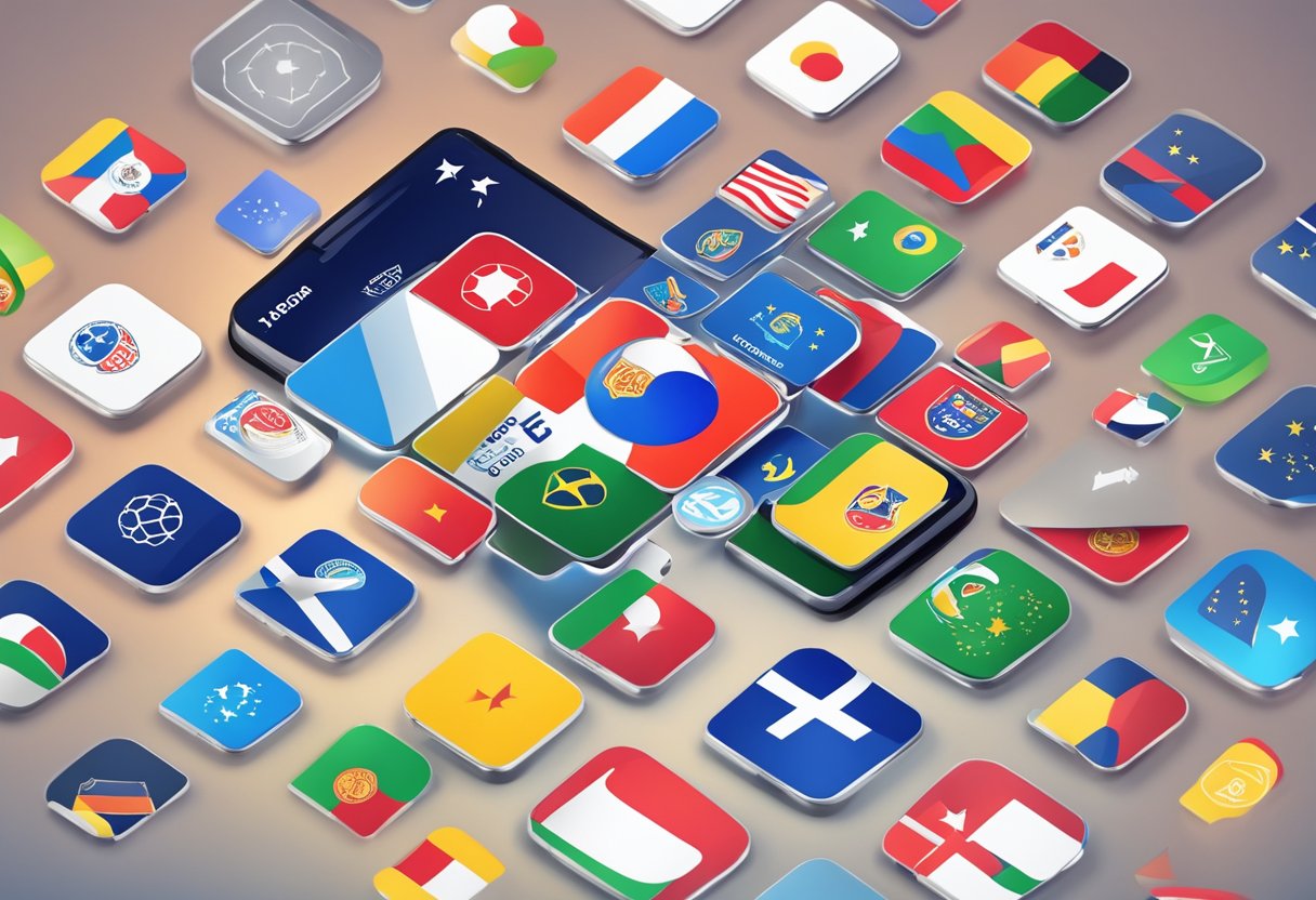 A smartphone displaying live Euro Cup 2025 updates, surrounded by app icons and digital platform logos
