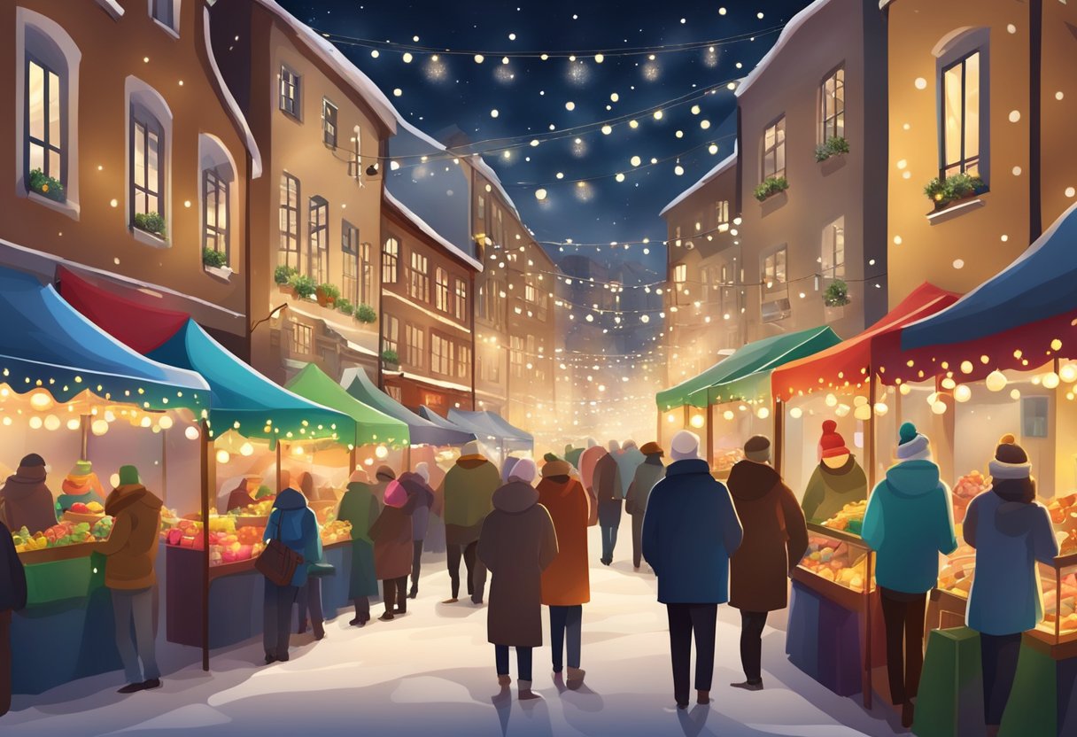 A festive Christmas market with colorful stalls and twinkling lights