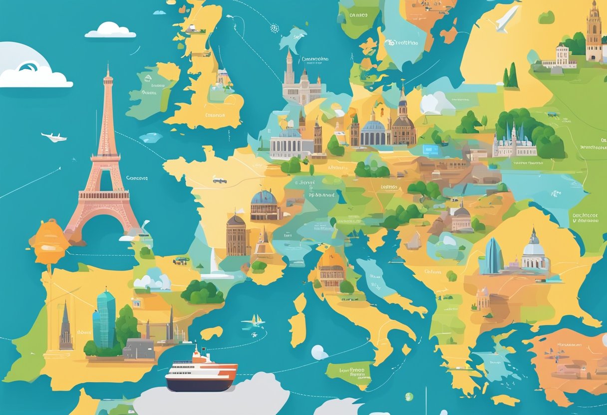 A colorful map of Europe with various landmarks and symbols, surrounded by a modern smartphone displaying an eSIM activation screen