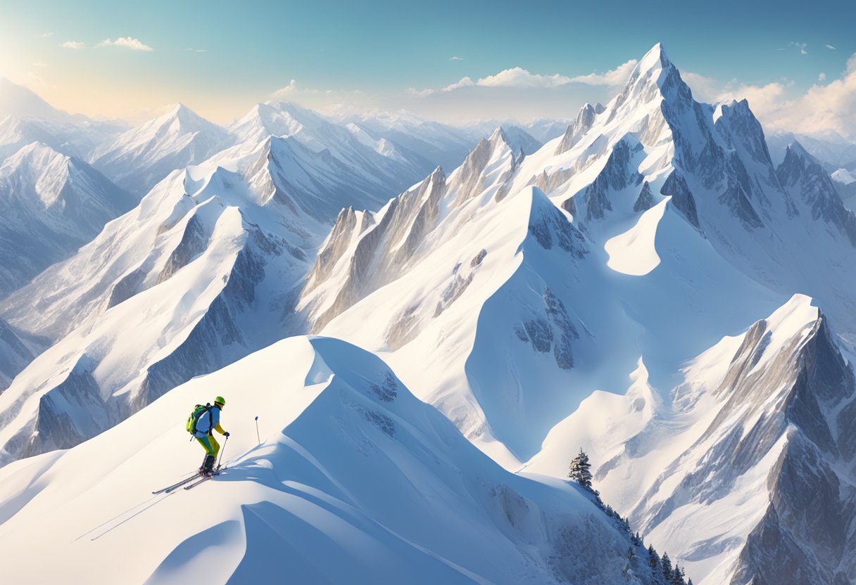 Snow-covered Alps with skiers on a mountainside, using eSIM-equipped devices