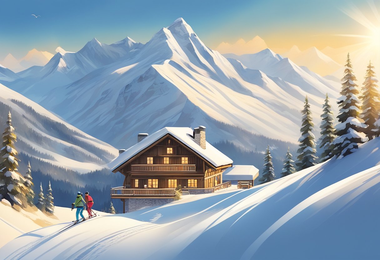 A snowy mountain landscape with skiers gliding down slopes, a cozy chalet, and a clear blue sky with the sun shining