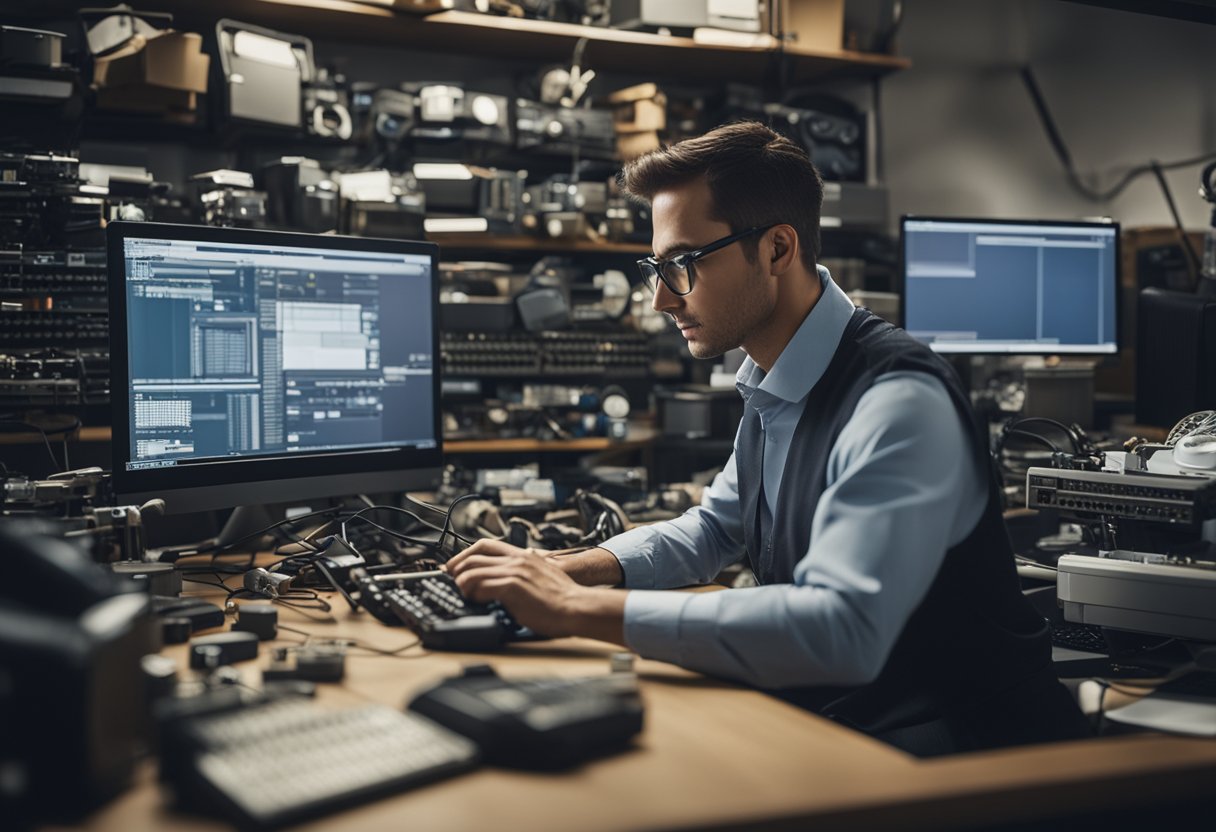 Un técnico trabajando en una computadora en una oficina desordenada, rodeado de herramientas y piezas de repuesto