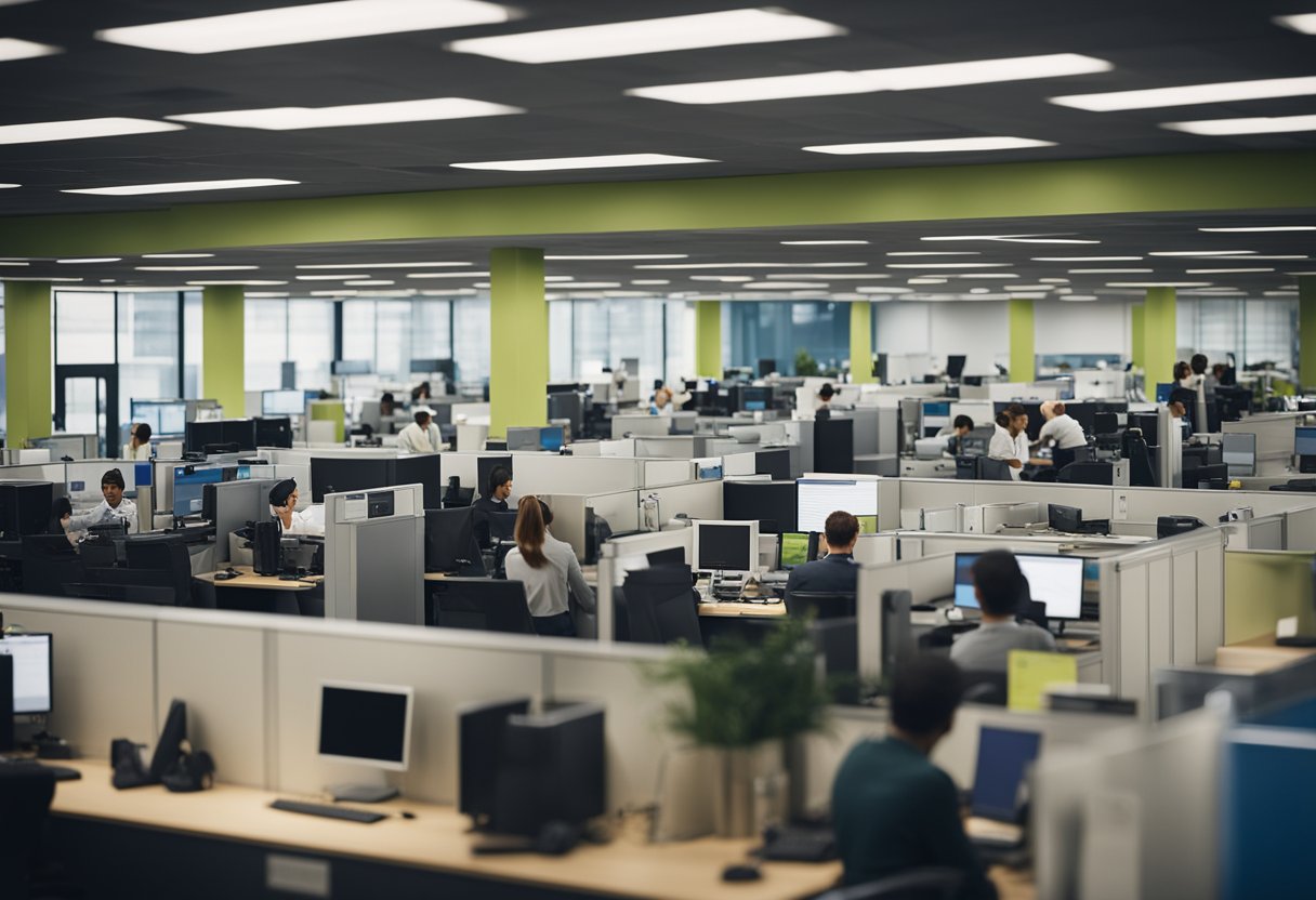 Una oficina ocupada con personas haciendo fila en un mostrador de ayuda, computadoras siendo reparadas y técnicos asistiendo a los clientes.