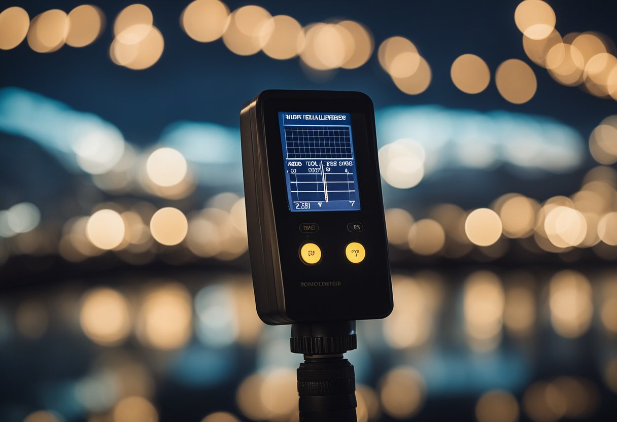 A clear night sky with a light pollution meter device measuring the brightness, displaying the readings on an LCD screen