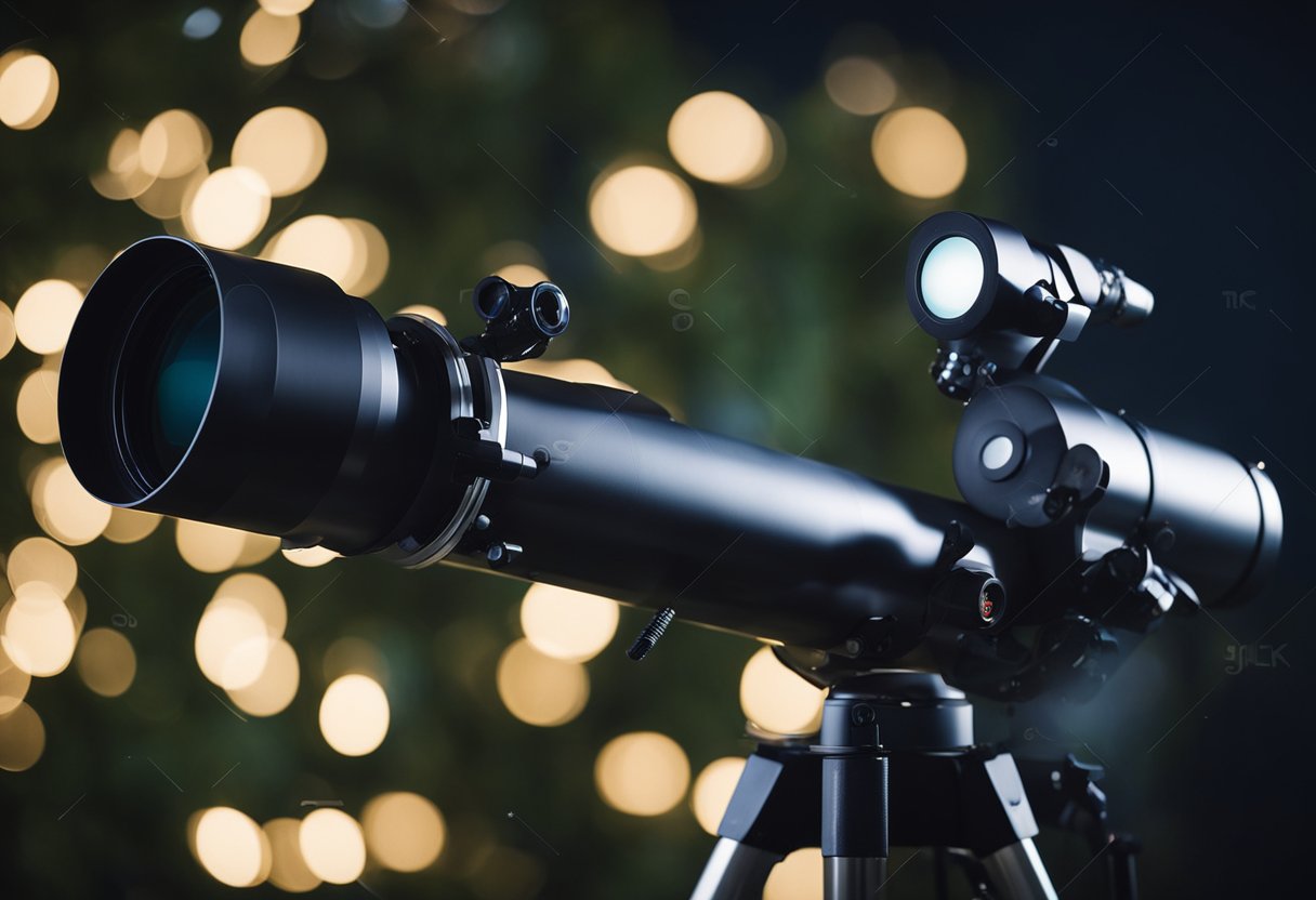 A telescope mounted on a tripod with a robotic arm moving to track the movement of stars in the night sky