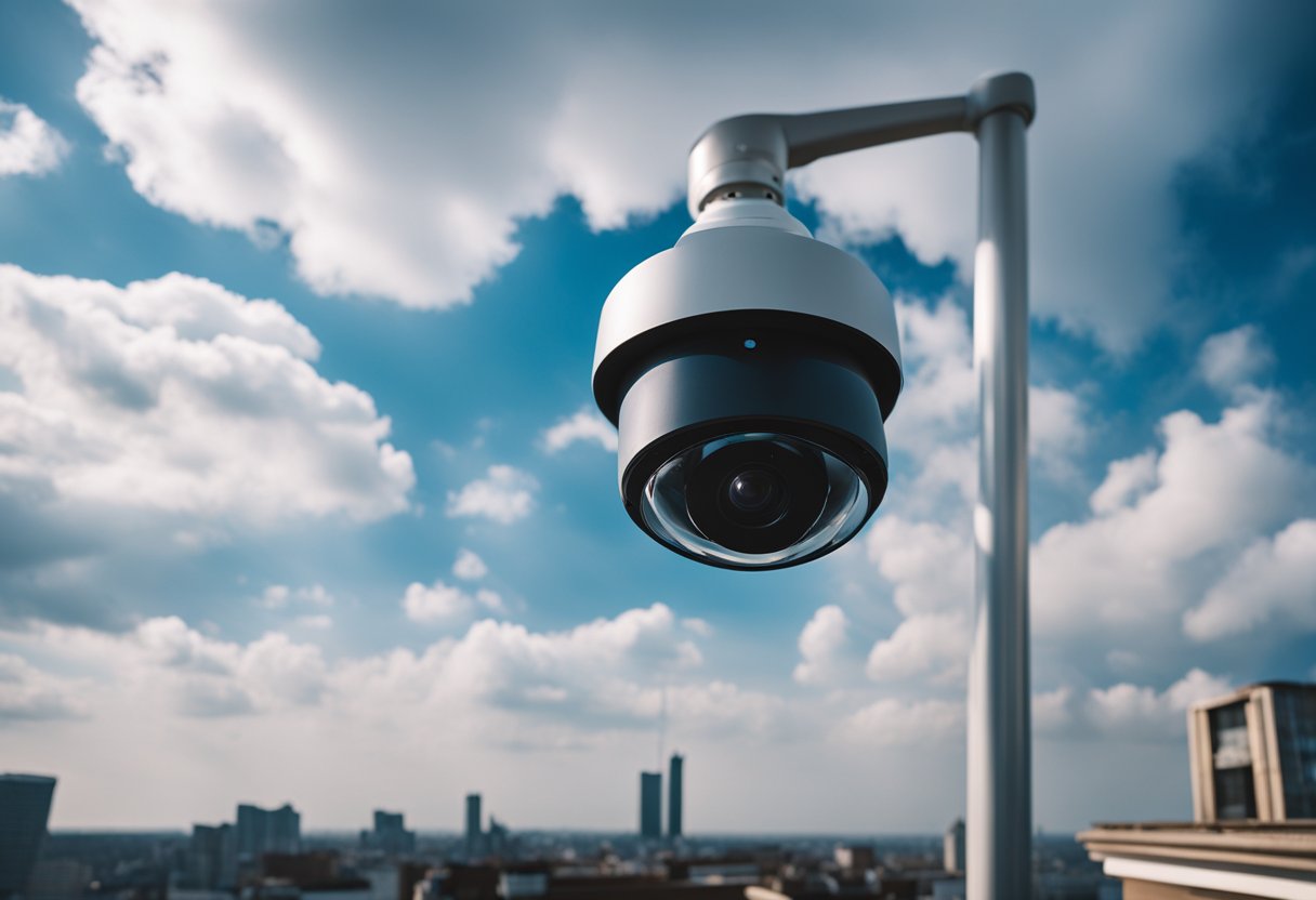 A cloud sensor mounted on a rooftop, facing the sky with an unobstructed view, surrounded by a few scattered clouds