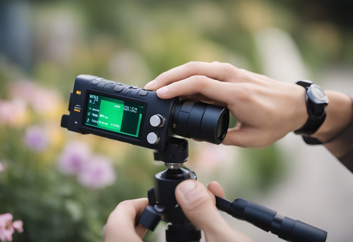 A hand reaches out to manually input data into a telescope position logger, with an SD card slot visible for saving