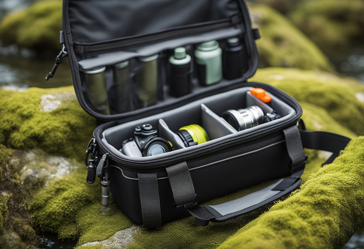 A small, lightweight fishing chest pack with multiple compartments and a reflective strip for visibility