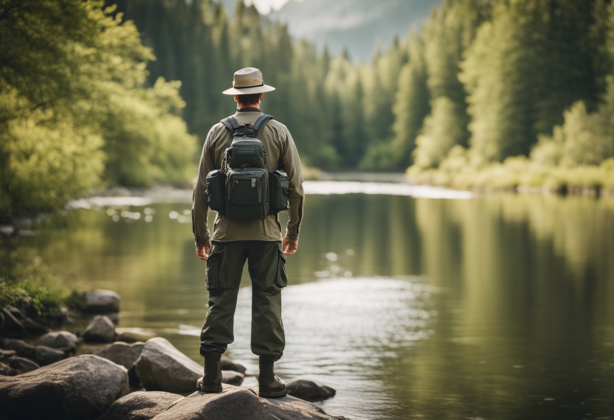 A fisherman wearing a small, lightweight chest pack, with multiple pockets and compartments, standing by a serene river, ready to fish