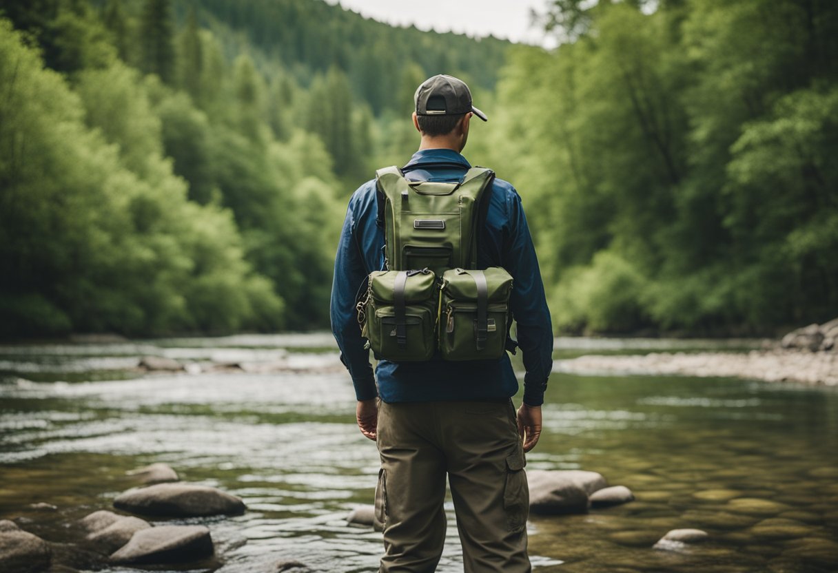 A fisherman stands in a shallow river, wearing a budget-friendly fishing chest pack with tackle storage, surrounded by rocky banks and lush green trees