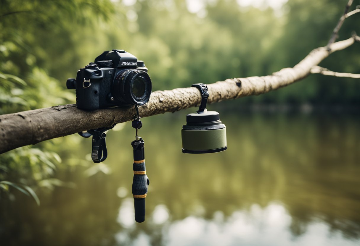 A fishing sling pack with a rod holder hangs from a tree branch by a peaceful river